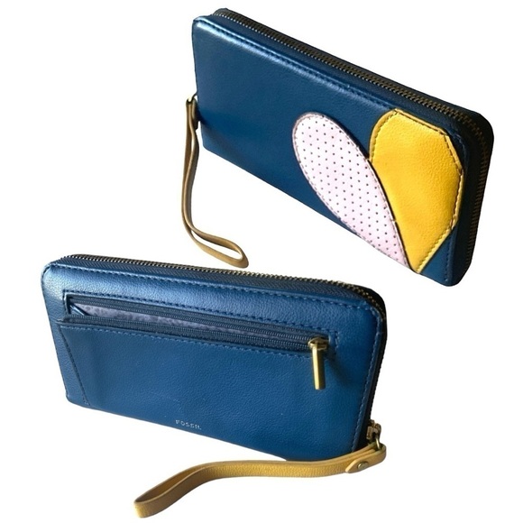 Fossil Leather Long Wallet. Blue with Hand sewn Leather Pedals Size 8” x 4” ECU - Picture 6 of 10